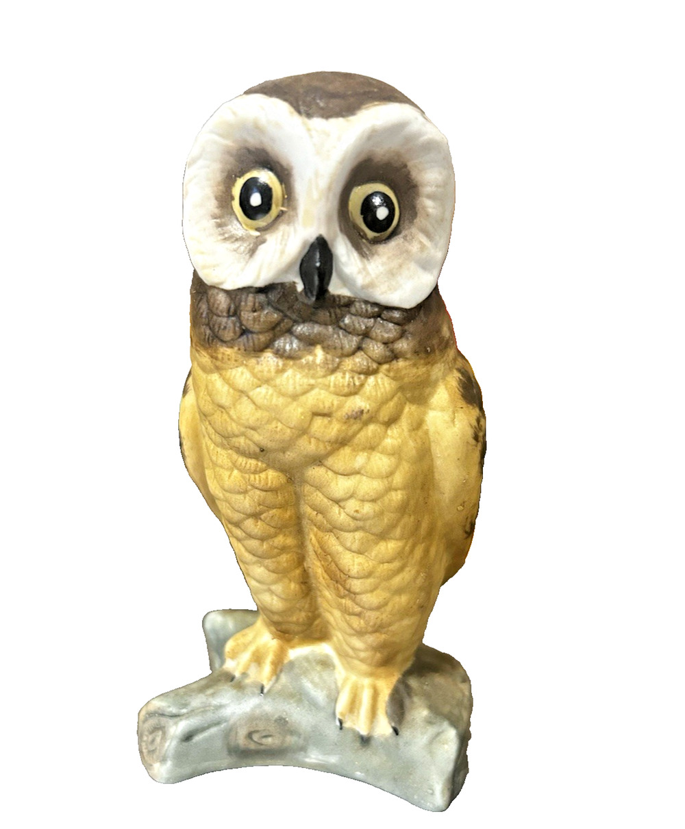 Vintage Taiwan ROC Ceramic Owl Figurine Hand Painted FBIA Label Brown Bird Deco